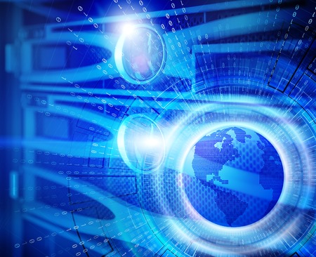 series disk storage disks of the mainframe in data center with hi speed internet technology with 3d planet earth background illustrationの写真素材