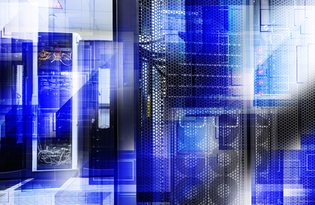 futuristic tech scheme on background mainframe of server room in data centerの写真素材