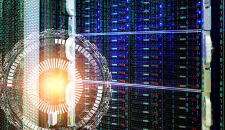 Concept of disk storage data center with information technology and database on technological...
