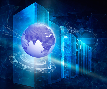 technology, cyberspace and virtual reality concept - hologram of earth globe and virtual screen projectionの写真素材