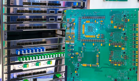 computer circuit Board on background of mulitplexor frequency DWDM on optical modulations....