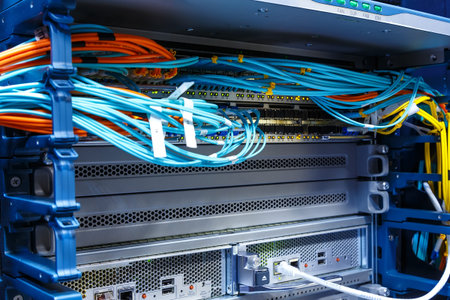Fiber Optic cables connected to optic ports and UTP Network cables connected to ethernet ports.