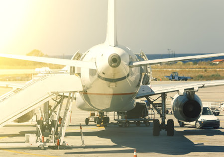 Airplane in airport serviced by the ground crew