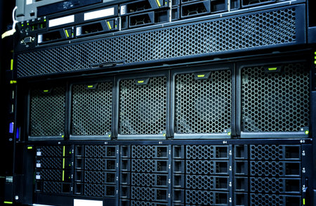 server data center closeup with details , fans, panel hard drives.