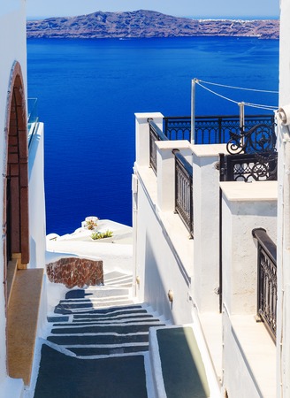 White architecture on Santorini island, Greece. Beautiful landscape with sea view.の写真素材