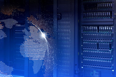 Row of supercomputers with large disk storage modern data center
