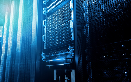 Big data serer in rack with multiple hard drives.の写真素材
