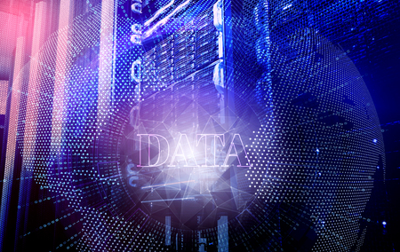 Big data serer in rack with multiple hard drives. Technology abstract background, concept of global communicationの写真素材