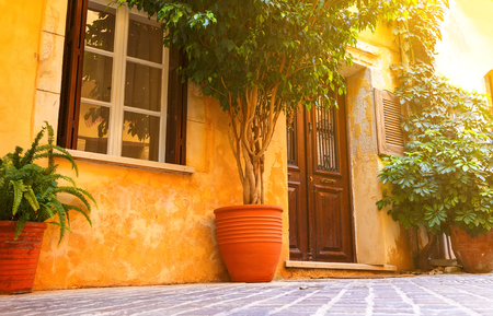 old pictorial greek streets with the sun- vintage artistic seriesの写真素材