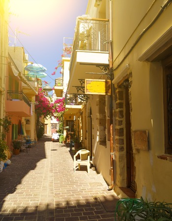Venetian architecture in narrow stone streets of old town Chania in Crete, Greeceの写真素材