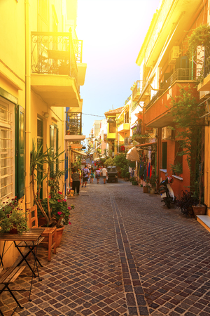 Authentic narrow colorful mediterranean street in Cretan town of Chania, island of Crete, Greeceの写真素材
