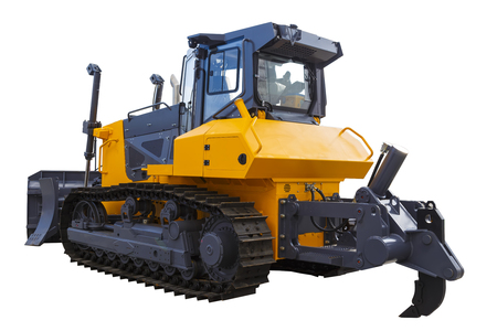 Yellow Bulldozer excavator, isolated on white background with clipping pathの写真素材