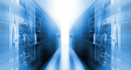 futuristic data center with rows supercomputers motionの写真素材