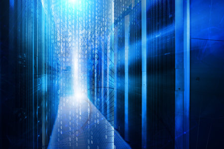 Digital composite of Computer server and technology information interface. Stand with server...