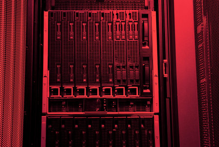 Blade server close-up in series of mainframes in data center