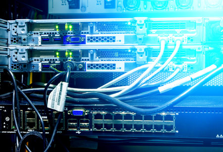 Router supercomputer rack close-up wires and connectors