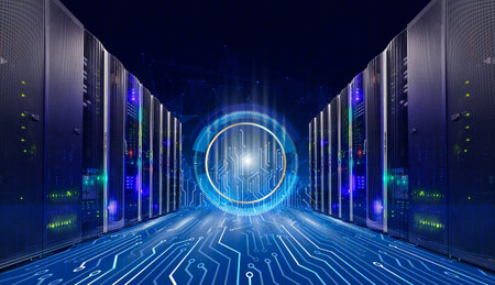 information technology concept of big data. Server room with motherboard connectors, technology...