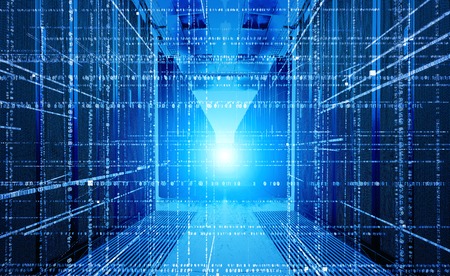 Virtual Space series. Backdrop design of 3D fractal design in perspective on background Data center with two rows of computers in white roomの写真素材