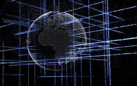 Backdrop of three dimensional fractal structures and lights on the point and line composed world...