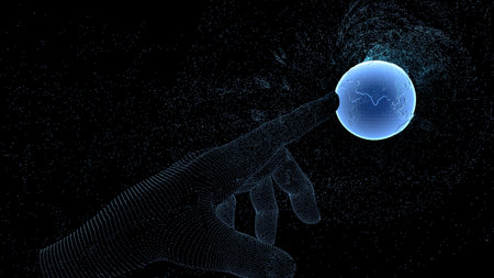 Cncept of global technologies, hand of neon points touches the planet earth in space. 3D particles