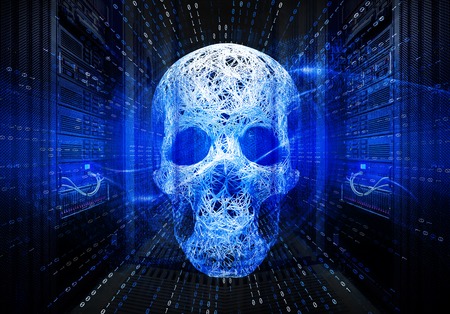 cyber attack hackers, the concept of hacking servers, skull with a binary stake matrix on the background of a series of supercomputers data centerの写真素材