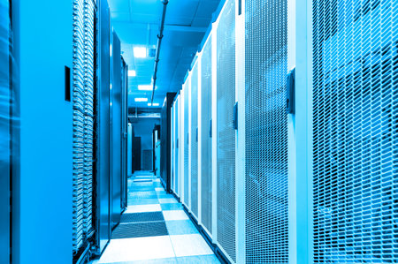 Data center server room, Switchgear room with raws of cabinets with network or cellular hardware,...