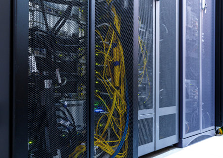 network server room with computers for digital communications and internet,abstract data concept
