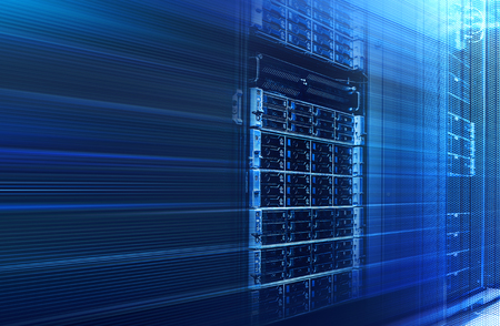 Binary stream, flow of information. Concept of blade server, storage, big data. modern mainframe disk storage with data stream over in data centerの写真素材