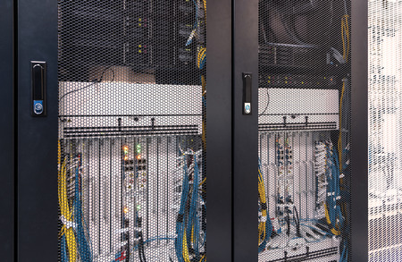 Fiber Optical connector interface. Information Technology Computer Network, Telecommunication Fiber Optical Cables Connected. Data serverの写真素材