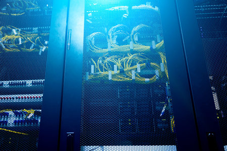 Server room. Web internet and network telecommunication technology, big data storage and cloud...