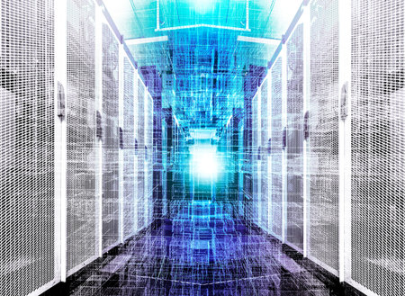 visualization of data warehouse with bytes of files and data. Futuristic cubes of particles on the...