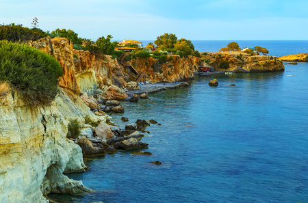 Views of the beautiful nature of shore and the bay bay of Agia Pelagia near Heraklion, Crete, Greece.の写真素材