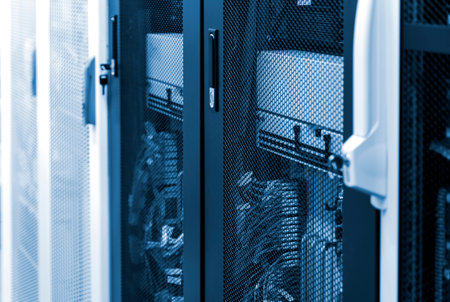 Side view network server room with racks in big data center. Datacentre interface and equipment....
