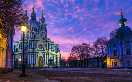 Smolny Convent with Smolny Cathedral at night in Saint Petersburgの写真素材