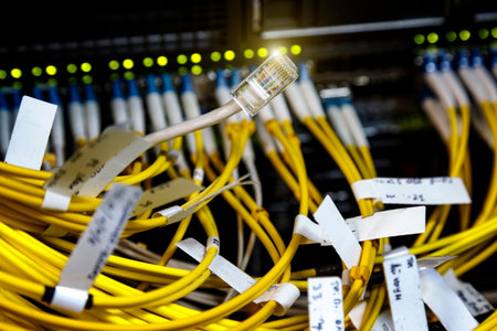 Close up LAN network switch and  cables connect to supercomputer with blurred background. Internet...