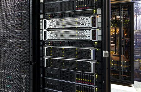 Blade server equipment rack and storage in big data center. Powerful modern processors. Technological background interiorの写真素材