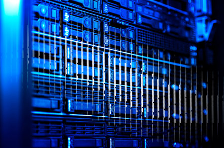 Blade server array selective focus depth of field 3d rendering. Concept of cyber crime hacking data...