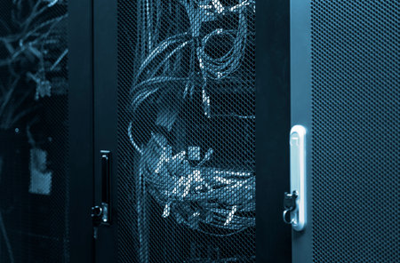 Telecom equipment 5G, 4G, 3G LTE with connected fiber optical cables in network switches