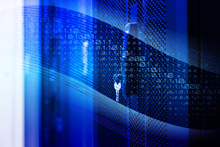 Hacking and cyber crime, need of safety, protection, security concept. Internet network malware under attack. Blue tone binary 3d renderingの写真素材