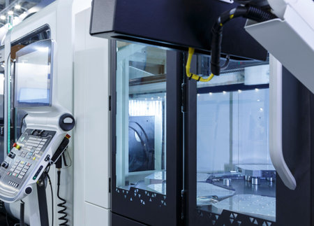 CNC lathe with digital control. Metalworking milling machine. Modern processing technology at smart...