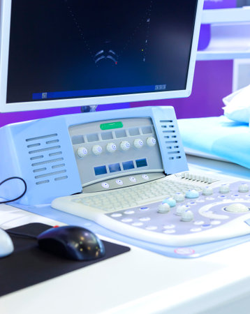 Monitor and keyboard of cancer treatment modern advanced equipment. Recent developments of...