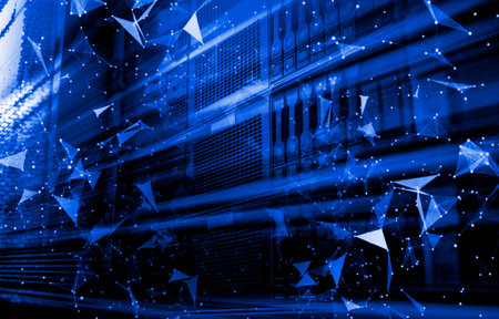 Digital computer data and network connection triangle lines and spheres in futuristic technology...