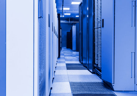 An row of racks in a commercial data center securely housing computers and servers.