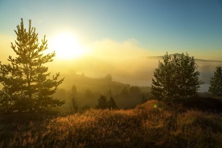 Sunrise over spring meadow. Spring aerial landscape. Spring sunrise over green forest and field with river and fog.の写真素材