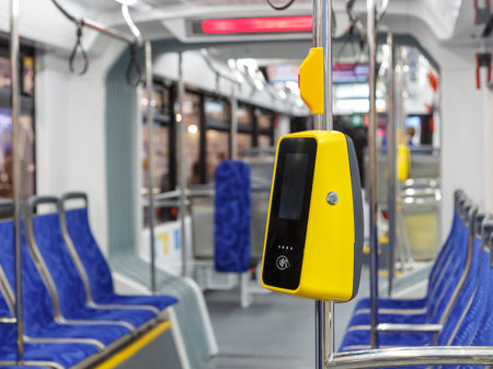 Bus with a validator for self-payment. Fare control without a conductor. Non-cash transport payment....