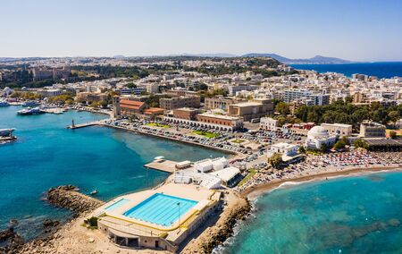 Aerial birds eye view drone photo of Rhodes city island, Dodecanese, Greece. Panorama with Mandraki port, lagoon and clear blue water.の写真素材