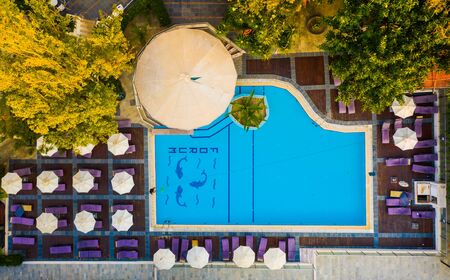 resort hotel drone views of sunset pool and surrounding area. Greece, Europe, Rhodesの写真素材