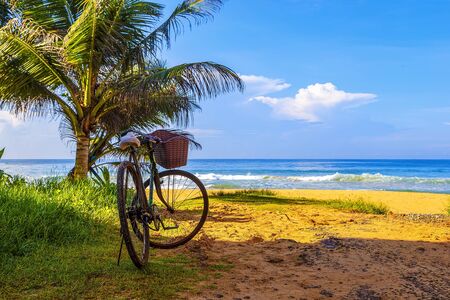 One bicycle is standing on the beautiful tropical beach with crystal blue water near palm trees - relaxing pause break in paradiseの写真素材
