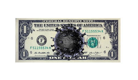 Coronavirus in USA. Montage of a banknote of 1 US dollars with a virus 3D model instead of a...
