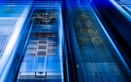Racks with powerful servers are in the data center. The computer equipment of the Internet provider...